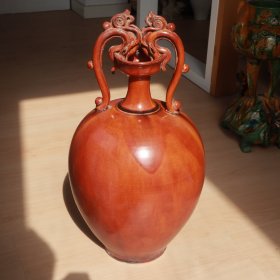 唐代特征 橘红釉双龙瓶 老窑瓷器陶瓷 古董文玩