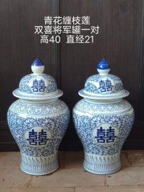 385_青花缠枝莲将军罐一对，全品无磕碰。