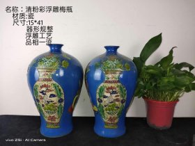 363_大清粉彩浮雕梅瓶，做工精细，包浆浓厚，造型独特，保存完整，成色如图