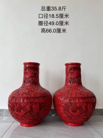 718_大清乾隆年制款，剔红缠枝莲开窗人物故事漆器天球瓶。