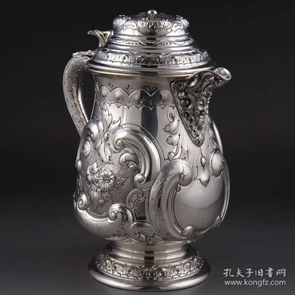 英国伯明翰 1883年 925纯银鎏金 高浮雕 花卉人物 大啤酒杯