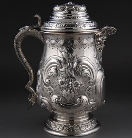英国伯明翰 1883年 925纯银鎏金 高浮雕 花卉人物 大啤酒杯