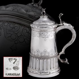 19世纪 意大利 Miracoli 手工 纯银 雕花 带盖 大啤酒杯