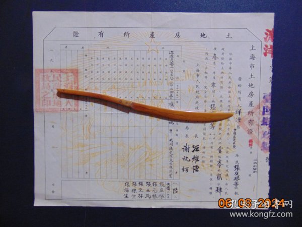 上海市洋泾区土地房产所有证=1951年-8开=印刷精美