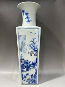 清代早期青花釉里红人物山水四方瓶