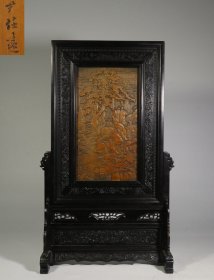 旧藏.“尹任”款竹雕双面雕刻松下人物风景诗文插屏（紫檀框）