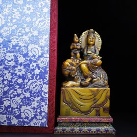 珍藏寿山石雕刻彩绘文殊菩萨印章摆件
