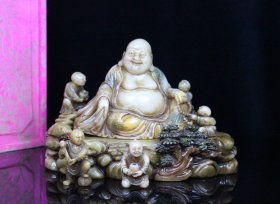 旧藏精品篆刻寿山石荔枝冻五子闹佛摆件印章闲章