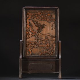 • 晚清 红木镶竹雕对弈图插屏