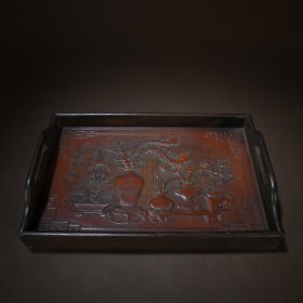 陆增祥款 老竹雕博古图托盘