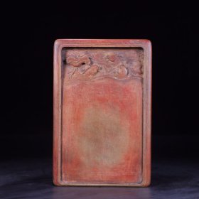 旧藏：名家款绿端石雕鲤戏莲方形砚，朱砚