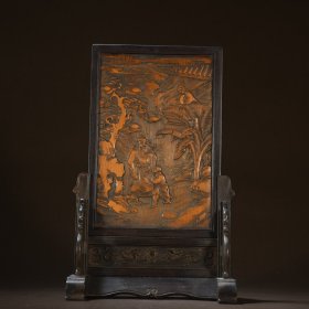 仲如制 红木镶竹雕加官进爵插屏