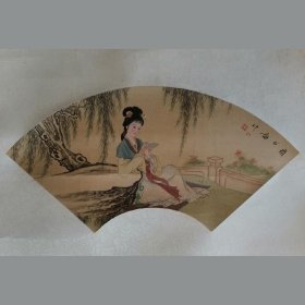 著名已故花鸟画家朱欣生精品人物绢本工笔画带实木框出售