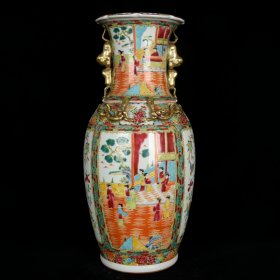 乾隆广彩鎏金人物故事纹蟠龙翻口瓶
高45cm              直径22cm