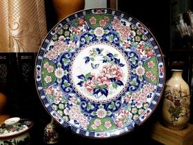 日本中古 花开富贵 32厘米大赏盘 底款：铃峰窑造