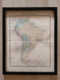 南美洲古董地图，1874年原版超大地图，非复制品，长52厘米，宽43厘米，可自配20寸画框，古董地图可收藏可装裱悬挂，另有生日号版画，纪念日版画，欢迎咨询