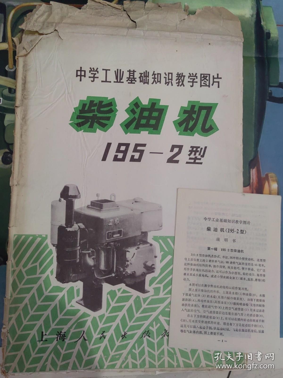 中学工业基础知识教学图片:柴油机195-2型(全套7幅说明书1份)分别是1开和2开