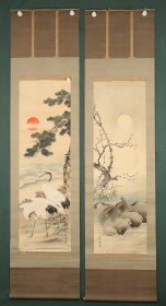 日本南画家  藤井苏堂 龟鹤对屏 绢本立轴（配木盒）（本院藏书画均保真手绘；支持7日无理由退货）