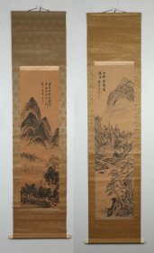 日本画家 深翠闲人 山色图两幅 纸本立轴 原装原裱（本院藏书画均保真手绘；支持7日无理由退货）