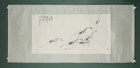 段天白 游虾图大横幅 纸本镜片 原装原裱（本院藏书画均保真手绘；支持7日无理由退货）