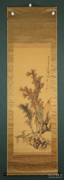 日本画家 岭石 秋林归渔 绢本立轴 原装原裱（本院藏书画均保真手绘；支持7日无理由退货）