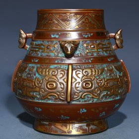 乾隆古铜彩浮雕鎏金鎏银饕餮纹尊，高15.5cm直径16cm