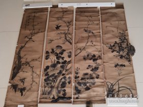 春夏秋冬四条屏（明代？ 全尺寸15*34*4厘米 画心135*31*4厘米 题款：影廋香寒 冬至月写于听松草堂 有印无法辩识）