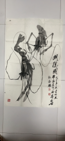 画虾大王、齐派著名画家：邓超群水墨画.双情图（97*62厘米，钤印：邓超群，白石门下）