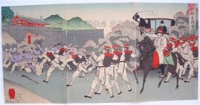 《锦绘 朝鲜电报实记 其参》福田兼次郎，３枚续き册；（錦絵 朝鮮電報実記 其参）