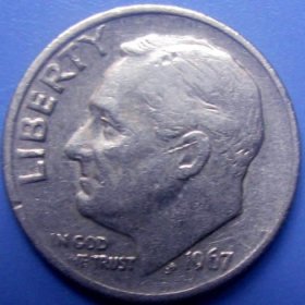 美国1967年发行总统罗斯福Φ18mm美元硬币10美分全新，早期美国硬币甩卖，保真