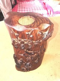 正宗海南黄花梨紫油梨树根木料，雕刻花鸟笔插【824】