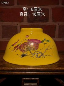 335_清乾隆黄釉开片虫趣图碗，器型漂亮，瓷胎端正，釉色饱满，画作精细，摆放沉稳大气，包浆厚重，完整全品。