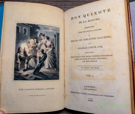 《堂吉诃德》塞万提斯，四册全，私人定制手工上色插图本，1819，唐吉诃德&堂吉柯德《Don Quixote de la Mancha》, Fine Binding, 4 vols, By Miguel de Cervantès Saavedra, Translated by Charles Jarvis, Hand-colored aquatint plates