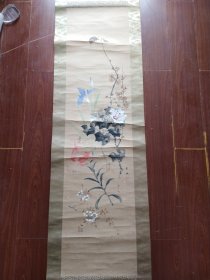 民国日本   多个名画家（雅堂，翠坡，翠亩，由人，竹涯）手绘【花卉图】立轴