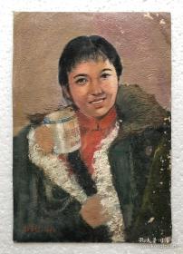 油畫家梁玉龍  手繪紙本油畫人物  1972