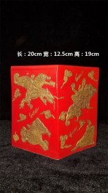 红釉描金笔筒