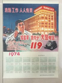 消防工作，人人有责（1974年年历画1幅/福州市革命委员会公安局消防大队）（4开，尺寸：51*38CM，带WG红色标语：伟大的领袖毛主席万岁，战无不胜的毛泽东思想万岁）