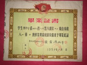 1958年7月“毕业证书”1张（8开，带毛头像）