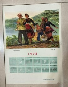 1974年年历画1张——景颇女儿上大学/程犁 作（8开，尺寸：35.5*26厘米）（《云南文艺》编辑部 赠）