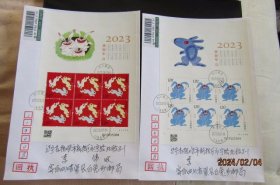2023-1 生肖兔年邮票小版张 渠县白兔首日挂号实寄封2枚全 双戳清
