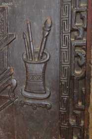 140_博古图花板,楠木材质,立体雕刻书案、古籍、笔筒、卷轴画周围雕刻螭龙纹饰,老大漆,朱红疙瘩漆,包浆老辣,保存完好,尺寸如图1