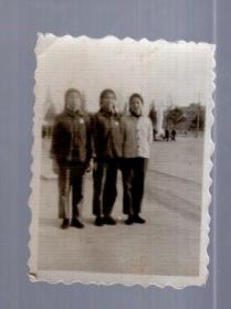 黑白 老相片；带毛主席像章的3美女。5.2x4cm。