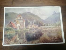 外国 油画 画页 一张； 村落    28.8 x 18.7 cm
