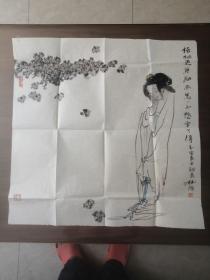 画家 杨循 画作 一幅；梧桐兼细雨  怎不愁字了得、66x66cm。