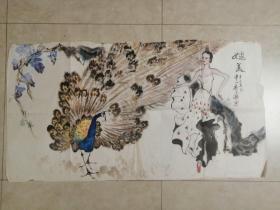 画家 严乐漪  画作一张；媲美 。辛已年 ，98x53cm。