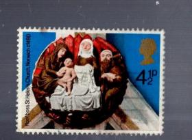 英国 盖销   邮票  1 枚；圣诞节。4x2.8 cm。1974