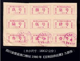 四川金堂县淮口粮站1980年《豆制品供应票》九联张：后面干净。品相漂亮（49-50）。