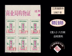 样票：江苏淮阴市1987年《购物证备用券--壹人》六方联：品相漂亮（21-22）