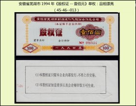 安徽省芜湖市1994年《股权证--壹佰元》单枚：品相漂亮（45-46-013）。