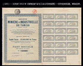 比利时1913年《塔梅加矿业与工业公司老股票》一百年前老收藏。稀缺品种。（320）